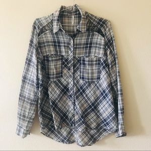 Free People Oversized Long Sleeve Plaid Button Down Gray White Size XS